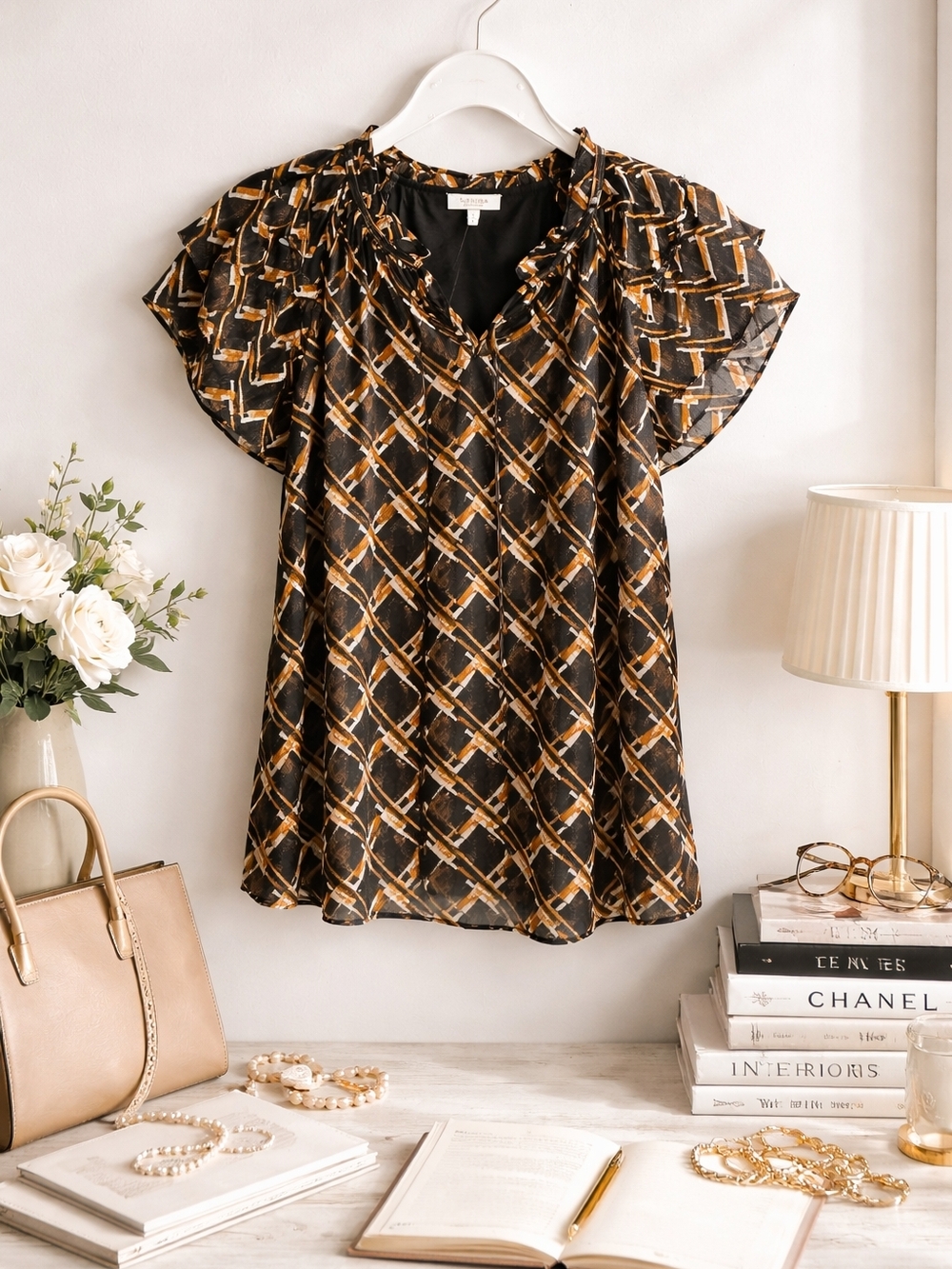 Laura Petites NWT Sheer Blouse Ruffle Neck Black Gold L